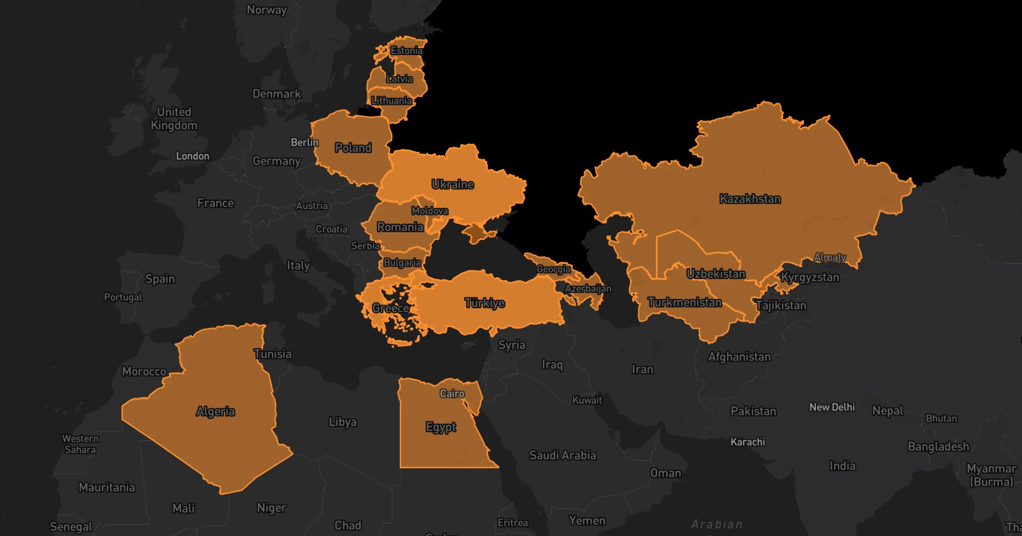 Map showing markets where Terenor Trade operates across EMEA countries